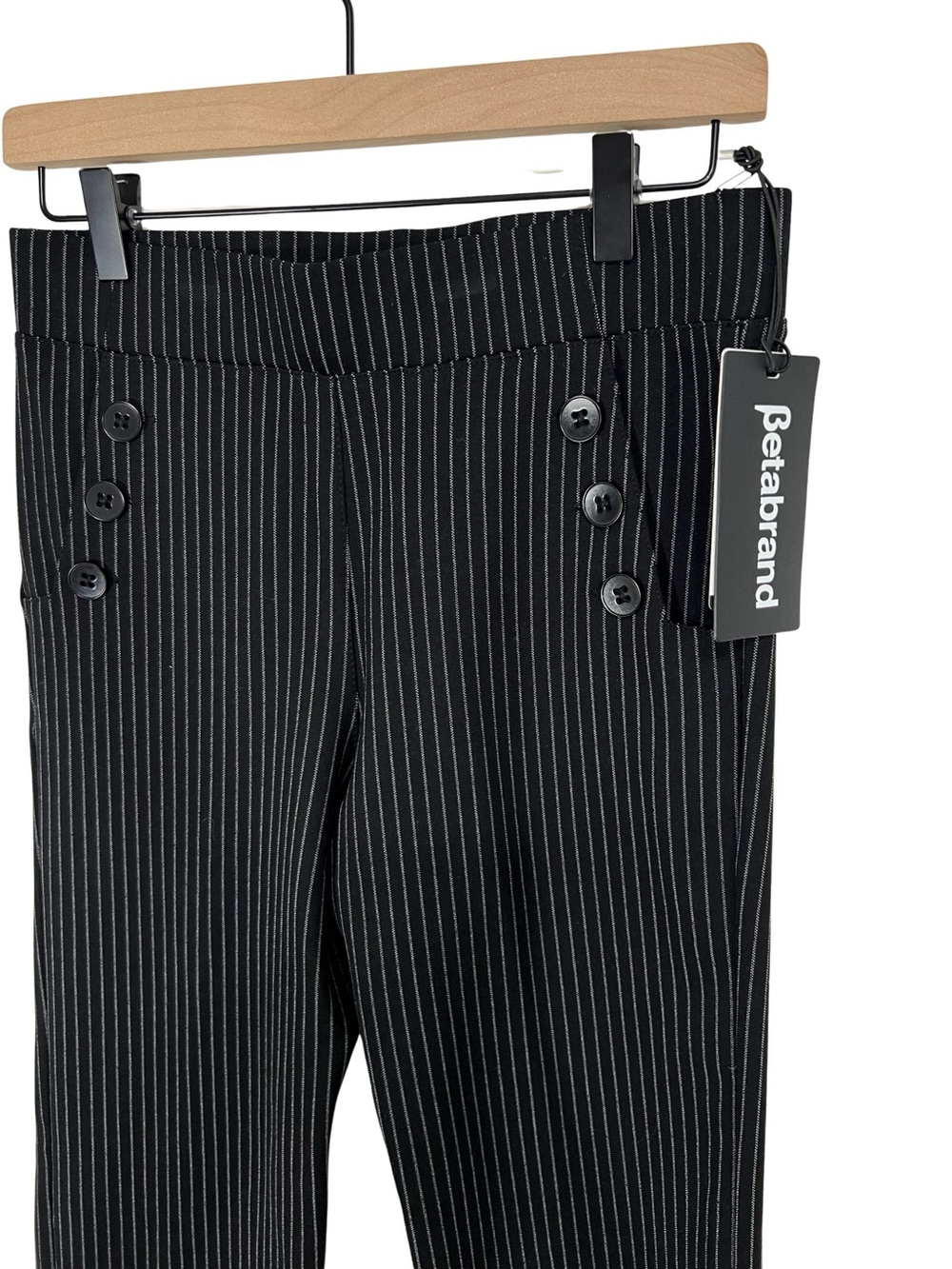 Betabrand Dress Yoga Pant Women S Petite Black Pinstripe Sailor Button Flare NWT
